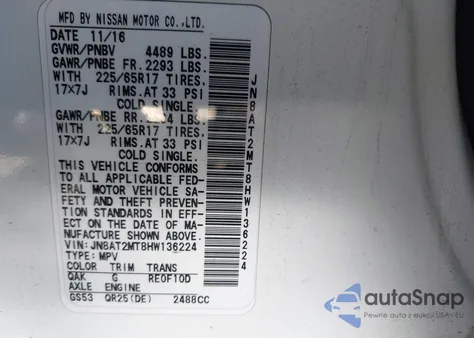 2017 Nissan Rogue S z USA, uszkodzony, nr VIN JN8AT2MT8HW136224